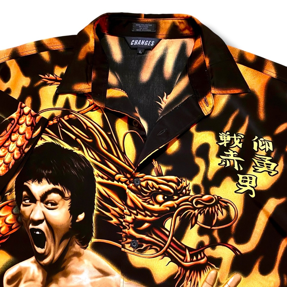 Changes Bruce Lee Dragon Flame All Over Print Button Down Shirt Mens Large Black